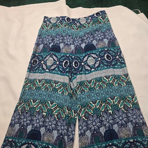 Roz & Ali Blue Wide Leg Palazzo Pants Yoga Travel Boho Hippie Mosaic Comfort L - Picture 5 of 11